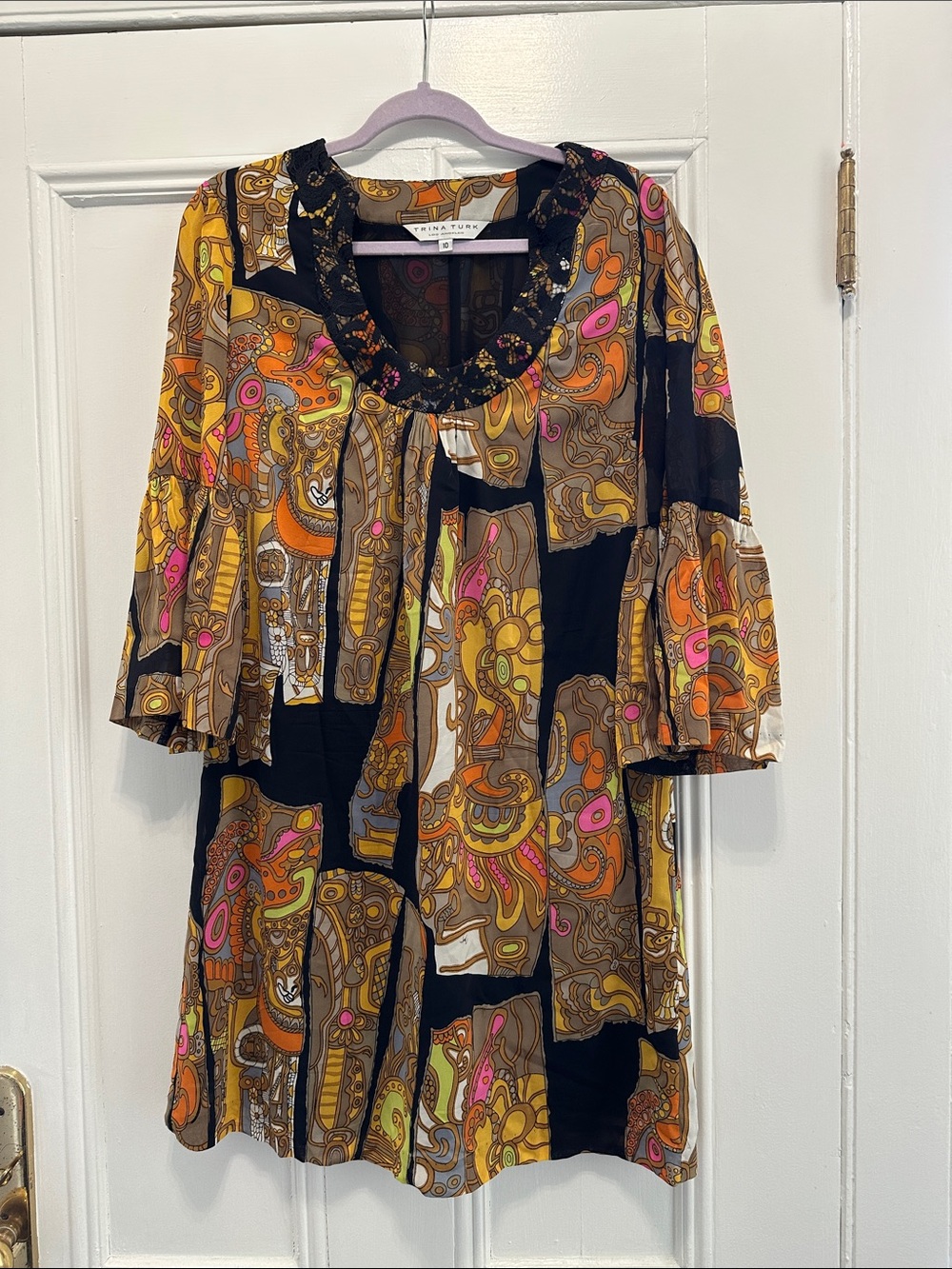 Trina Turk Black Multicolor Abstract Print Long Sleeve Dress